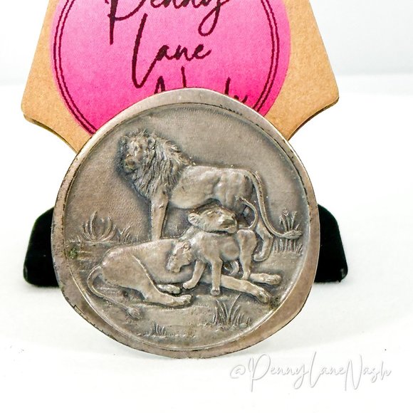 Vintage Jewelry - Vintage Lion & Tiger Family Coin Silver Metal Pin Brooch